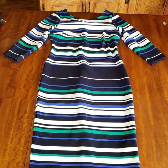 Beige by eci Dresses & Skirts - Beige Ribbed Striped Blue Black 3/4 Slv Dress Midi